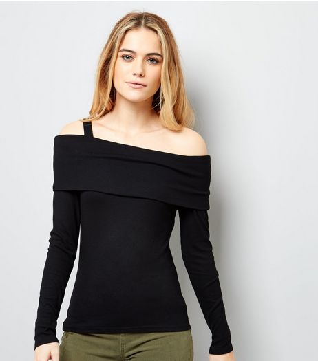 Black Fold Over Bardot Neck Top | New Look