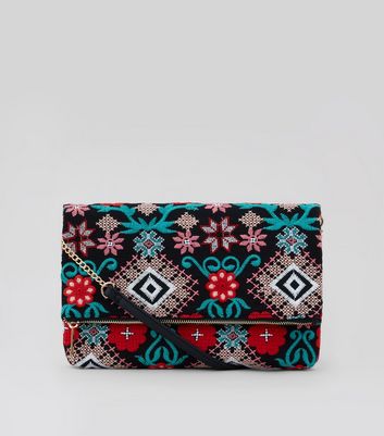 black embroidered clutch bag