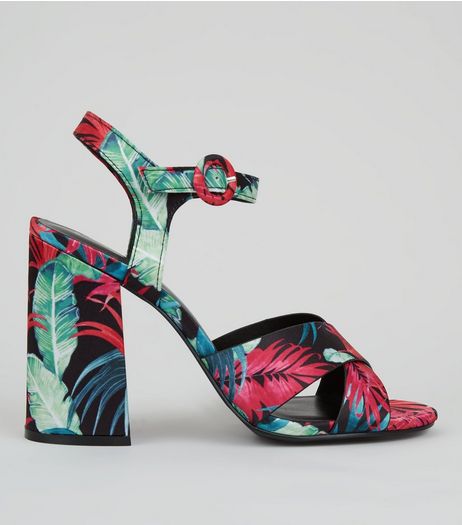 Black Floral Printed Heeled Sandals | New Look