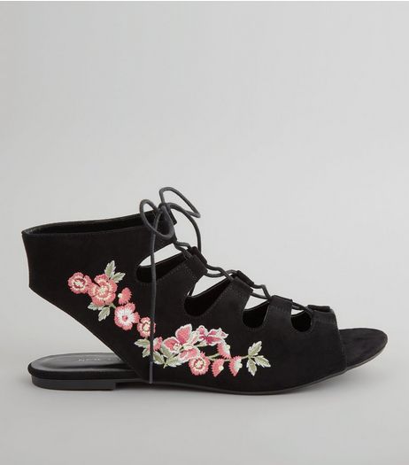 Black Suedette Floral Embroidered Ghillie Shoes | New Look