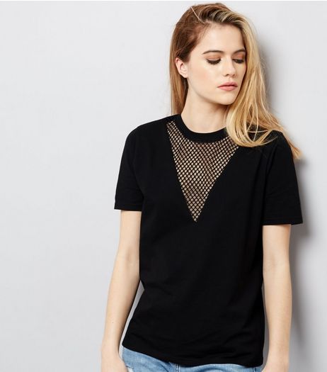 Black Mesh Panel Short Sleeve T-Shirt | New Look