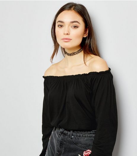 Black Bardot Neck Long Sleeve Top | New Look