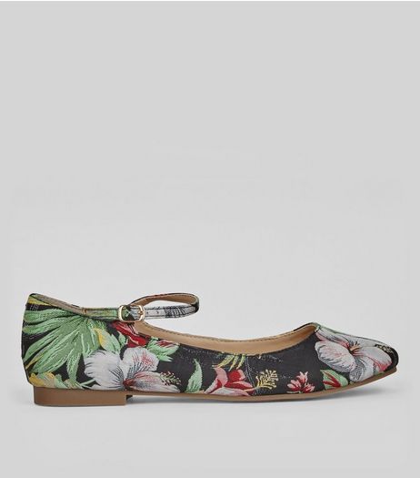 Black Floral Jaquard Ankle Strap Pumps | New Look