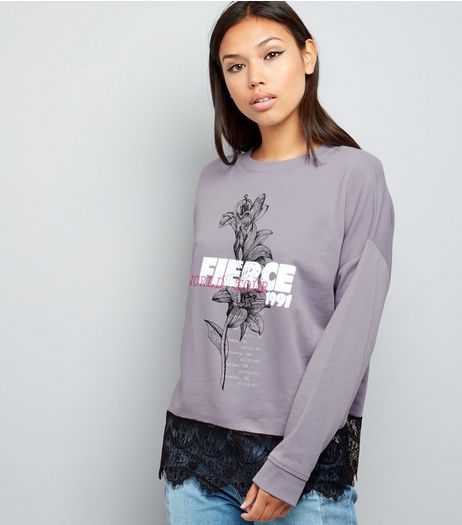 Lilac Fierce Print Lace Hem Long Sleeve Sweater | New Look
