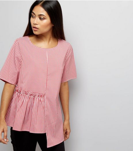 Petite Red Gingham Spliced Peplum Hem Top | New Look
