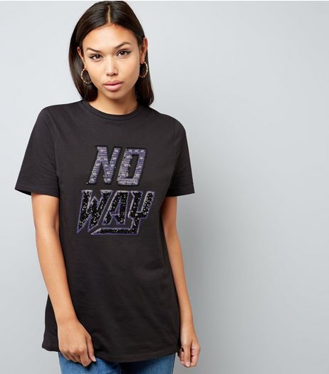 Dark Grey No Way Print Embellished T-Shirt | New Look