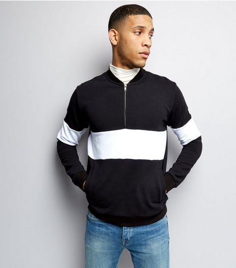 Black Stripe Colour Block Half Zip Front Sweater | New Look