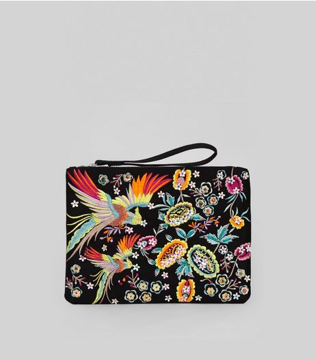 Black Embroidered Bird Clutch Bag | New Look