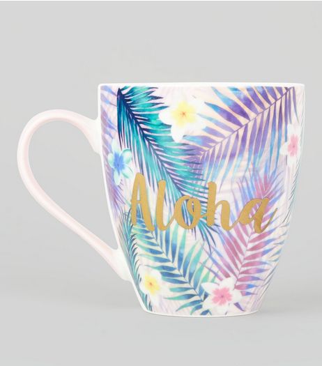 White Aloha Leaf Print Mug | New Look