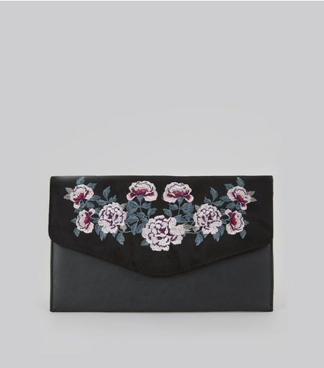 Black Suedette Panel Floral Embroidered Clutch | New Look