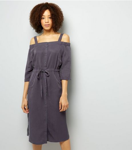 Grey Tie Waist Cold Shoulder Midi Dress | New Look