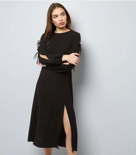 Black Tie Sleeve Split Side Midi Dress | New Look