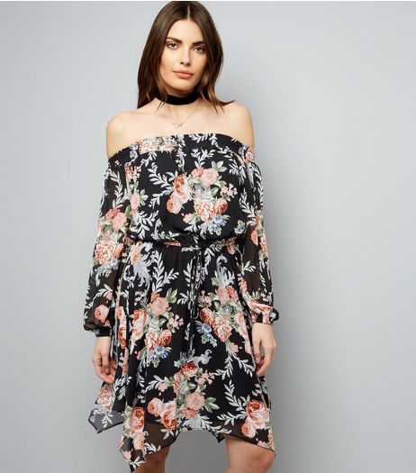 Black Chiffon Floral Print Bardot Neck Dress | New Look
