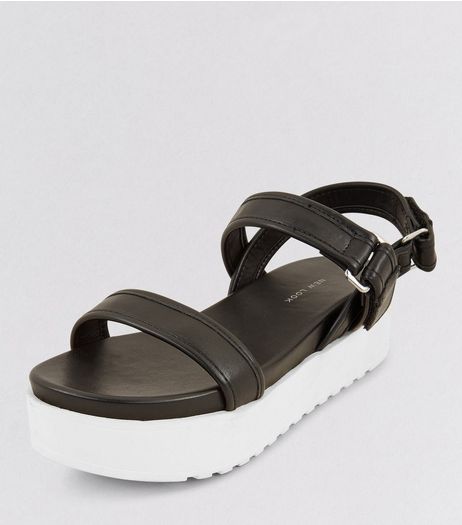 Wide Fit Black Contrast Flatform Sole Sporty Sandals | New Look