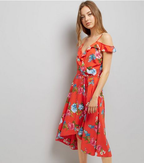 Red Floral Print Frill Trim Wrap Front Midi Dress | New Look