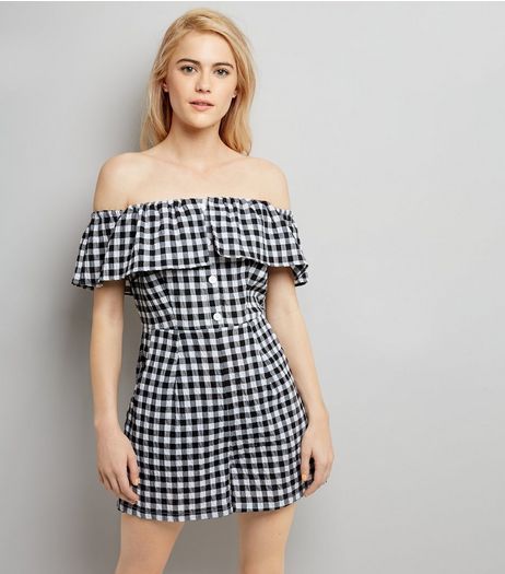 Black Gingham Frill Bardot Neck Playsuit | New Look