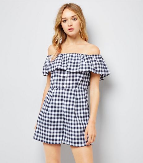 Blue Gingham Frill Bardot Neck Playsuit | New Look