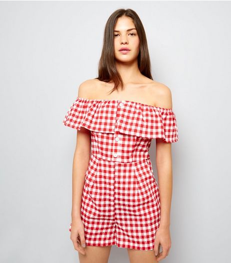 Red Gingham Frill Bardot Neck Playsuit | New Look
