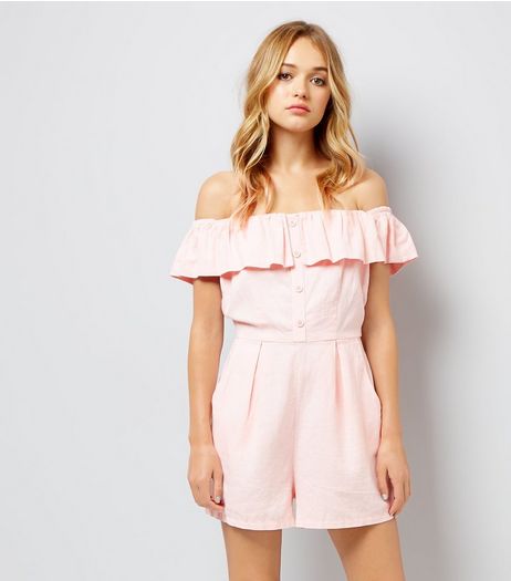 Pink Button Front Bardot Neck Playsuit | New Look