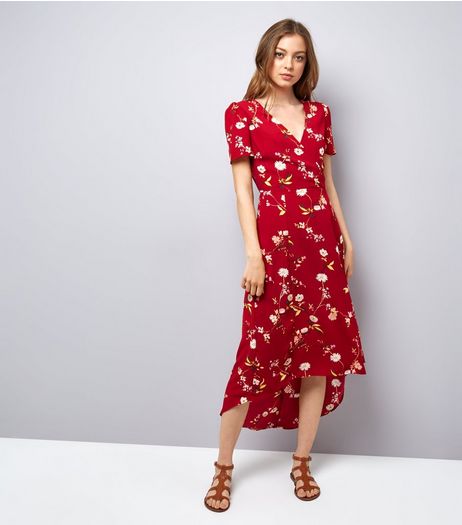 Red Floral Print V Neck Midi Dress | New Look