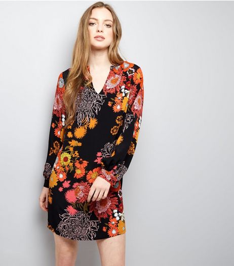 Black Floral Print V Neck Swing Dress | New Look