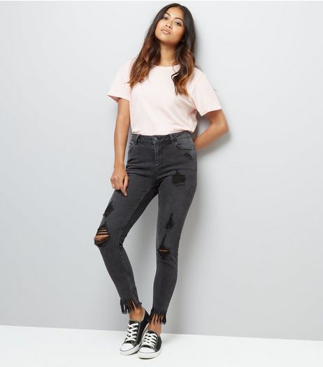 Petite Black Ripped Fringe Hem Skinny Jeans | New Look