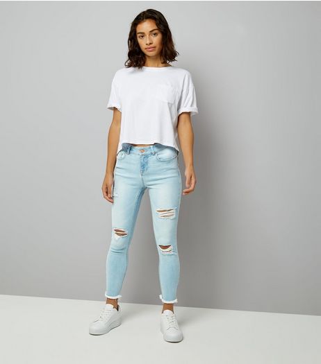 Petite Pale Blue Ripped Fray Hem Skinny Jeans | New Look