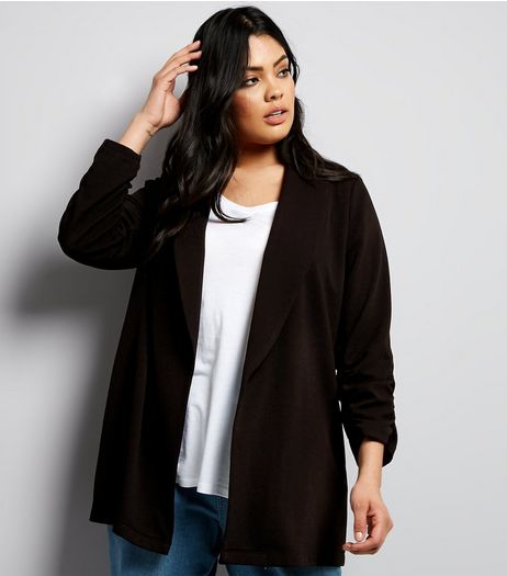 Curves Black Crepe Ruched Sleeve Blazer | New Look