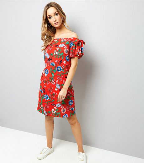 Red Floral Print Tie Sleeve Bardot Neck Dress | New Look