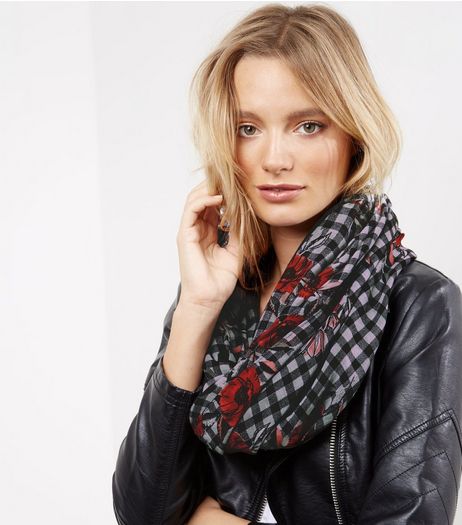 Black Gingham and Floral Print Snood | New Look
