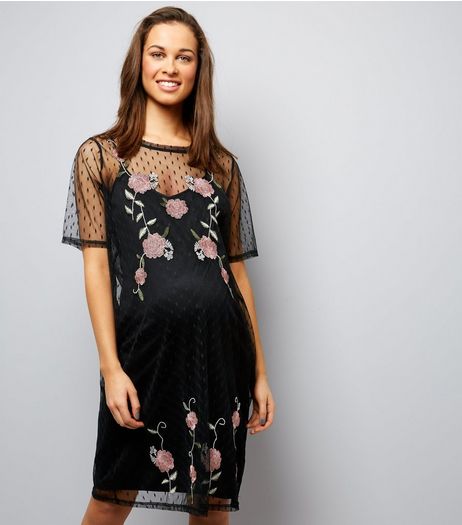 Maternity Black Spot Mesh Embroidered Dress | New Look