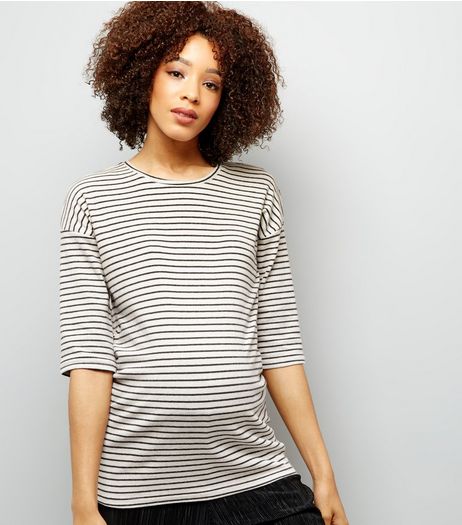 Maternity Black Stripe Brushed Crew Neck 3/4 Sleeve Top | New Look