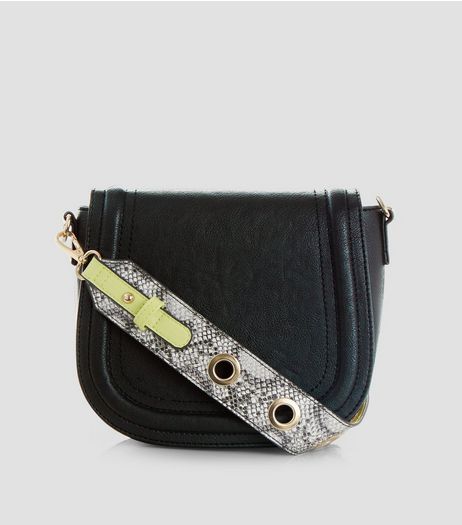 Black Snakeskin Textured Strap Saddle Bag | New Look