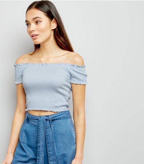 Blue Short Sleeve Frill Trim Bardot Neck Top | New Look