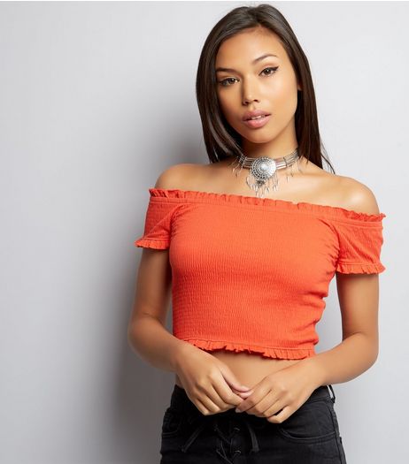 Spicy Orange Frill Trim Bardot Neck Top | New Look