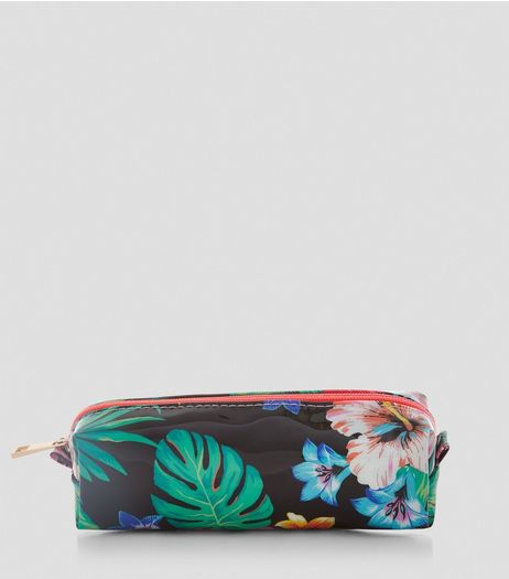 Black Patent Floral Print Pencil Case | New Look