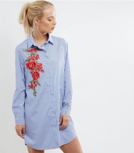 Parisian Blue Striped Floral Embroidered Shirt | New Look