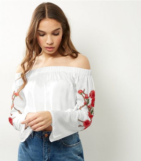 Parisian White Floral Embroidered Bardot Neck Top | New Look
