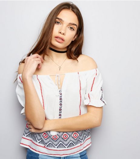Parisian White Aztec Print Bardot Neck Top | New Look