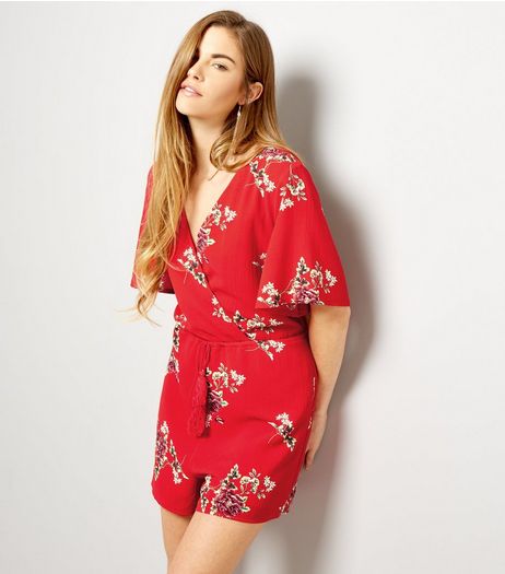 Parisian Red Floral Print Wrap Front Playsuit | New Look