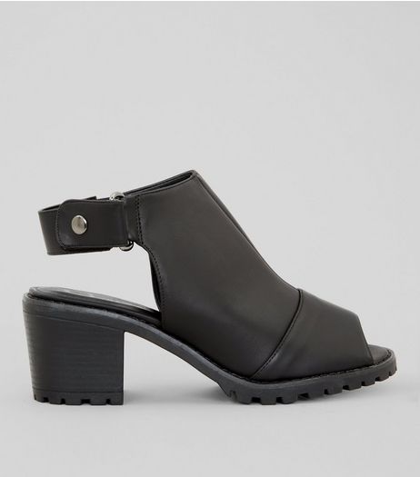 Wide Fit Black Cleated Sole Heeled Sandals | New Look