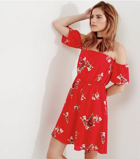 Parisian Red Floral Print Bardot Neck Dress | New Look