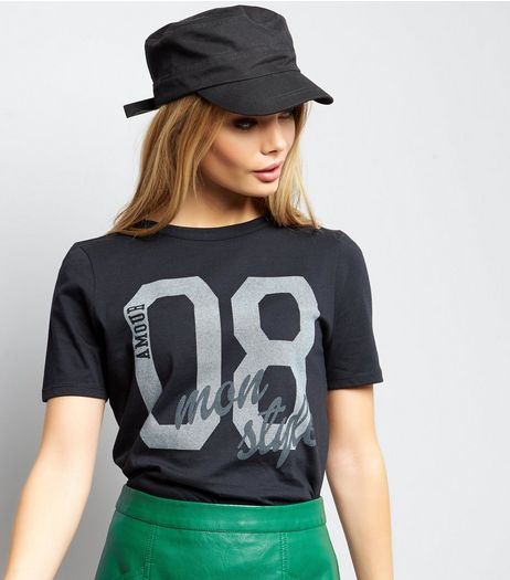 Black 08 Print Short Sleeve Top | New Look
