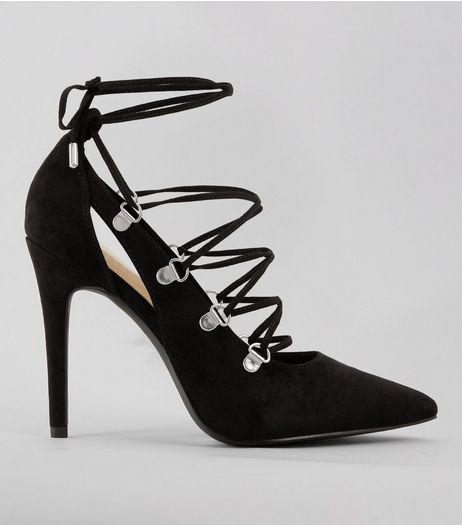 Black Suedette Eyelet Lace Up Pointed Heels | New Look