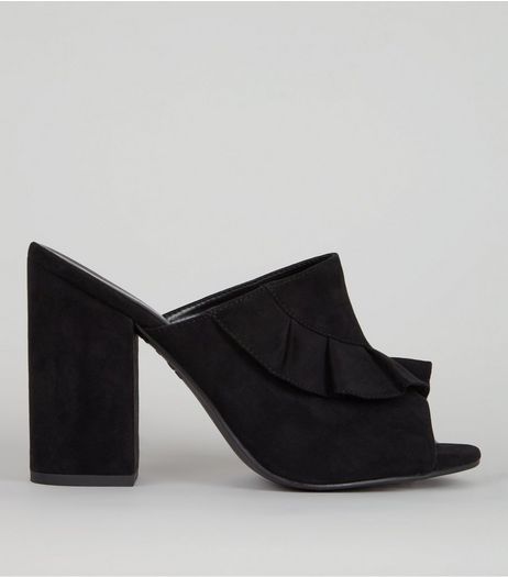Black Suedette Frill Trim Heeled Mules | New Look