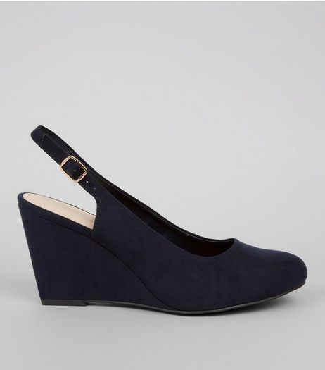 Wide Fit Navy Comfort Sling Back Wedges | New Look