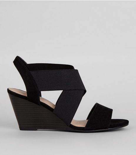 Black Comfort Suedette Elasticated Strap Wedges | New Look