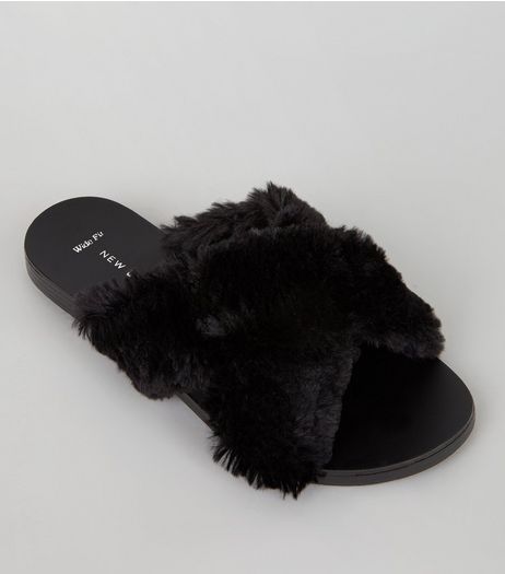 Wide Fit Black Faux Fur Cross Strap Sliders | New Look