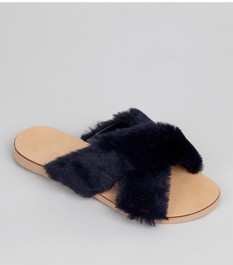 Wide Fit Navy Faux Fur Cross Front Sliders | New Look