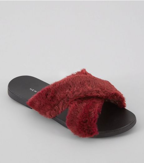 Wide Fit Red Faux Fur Sliders | New Look